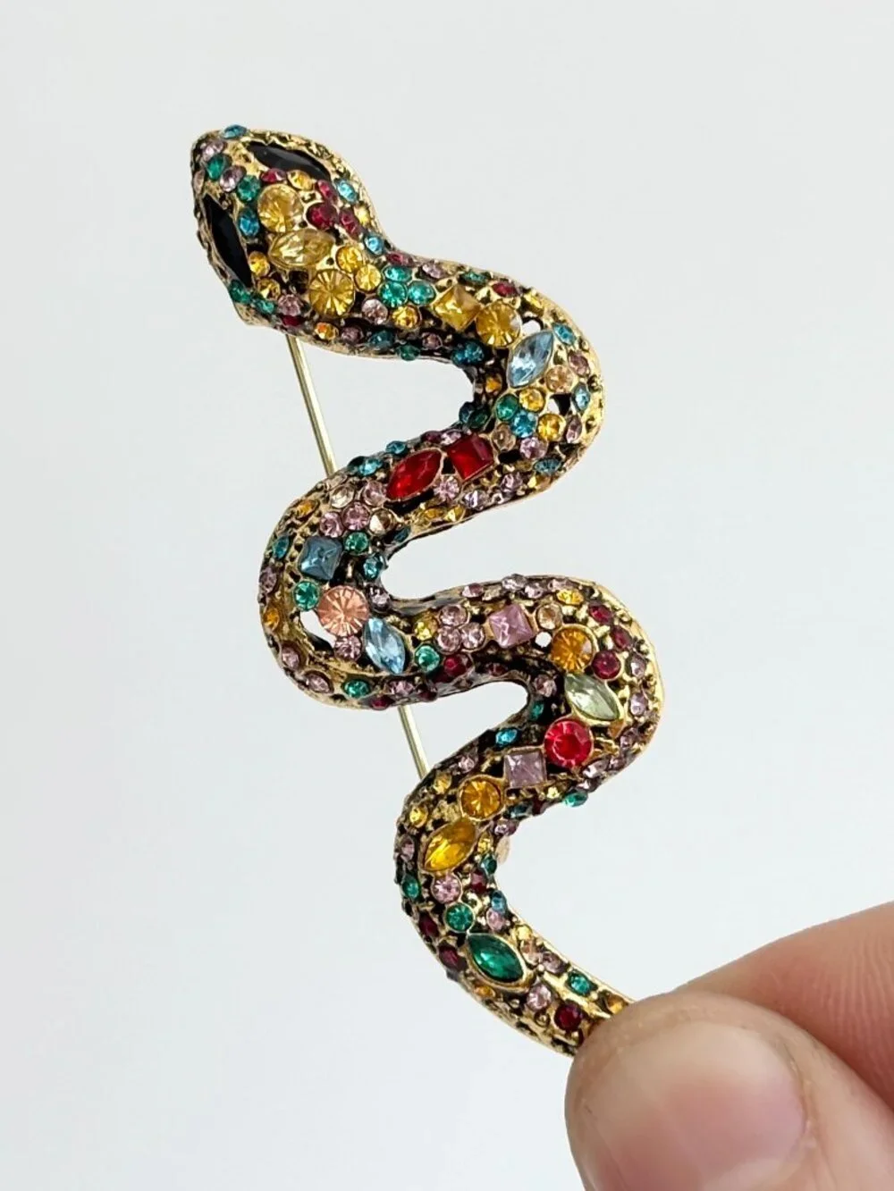Rainbow Snake Serpent Gold Toned Rhinestone Vintage Inspired Brooch Pin